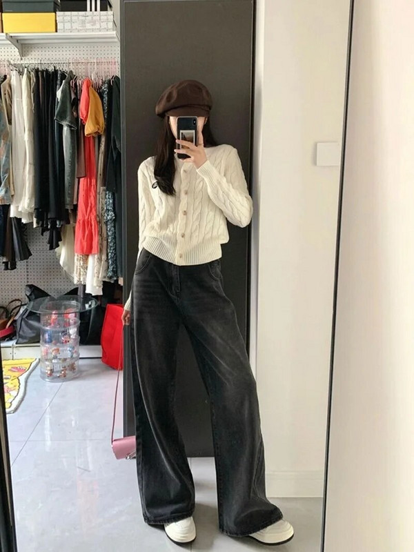 WCFCX STUDIO Sügises Ameerika stiilis pestud mustad teksad Naiste High Street sirge toru laia säärega pikad püksid šikk mood