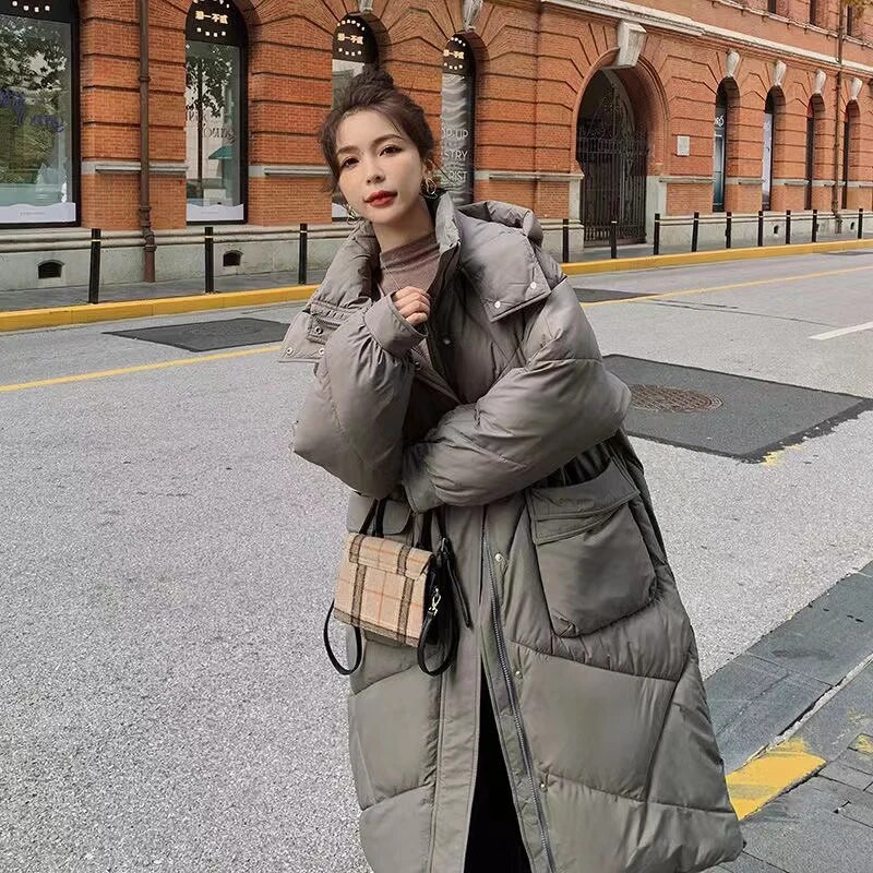 Pikk talveparka naistele 2023, uus moodne lahtine üle põlve ulatuv sulejope Naiste kapuutsiga, paks soe polsterdatud mantel, naiste mantel