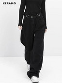 Ameerika vintage kõrge vöökohaga mustad teksapüksid naistele vabaaja retro kottis Y2K laia säärega Grunge tänavarõivaste stiilis teksapüksid