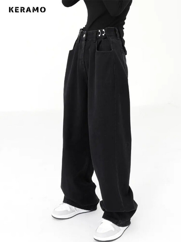 Ameerika vintage kõrge vöökohaga mustad teksapüksid naistele vabaaja retro kottis Y2K laia säärega Grunge tänavarõivaste stiilis teksapüksid