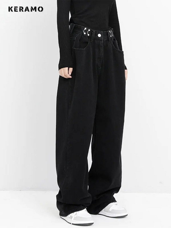 Ameerika vintage kõrge vöökohaga mustad teksapüksid naistele vabaaja retro kottis Y2K laia säärega Grunge tänavarõivaste stiilis teksapüksid