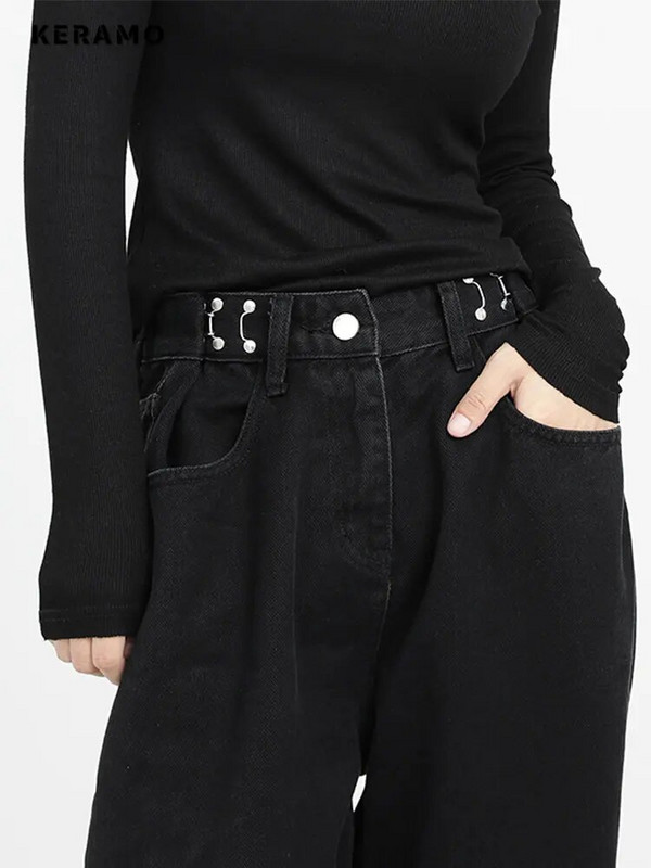 Ameerika vintage kõrge vöökohaga mustad teksapüksid naistele vabaaja retro kottis Y2K laia säärega Grunge tänavarõivaste stiilis teksapüksid