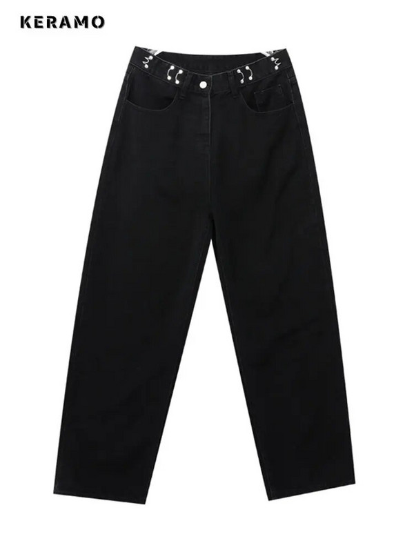 Ameerika vintage kõrge vöökohaga mustad teksapüksid naistele vabaaja retro kottis Y2K laia säärega Grunge tänavarõivaste stiilis teksapüksid