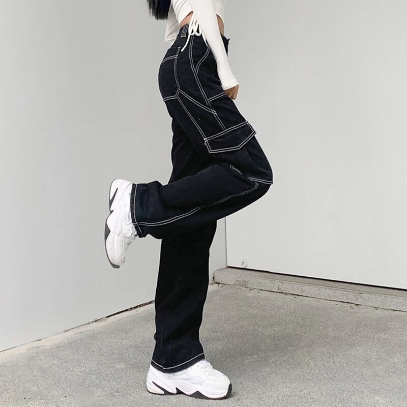 Streetwear džepovi Crne Cargo traperice Ženske ravne traper hlače visokog struka Ženske 2023 Harajuku široke duge hlače