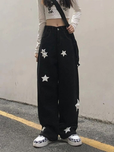 HOUZHOU Y2K Vestiment de stradă retro, blugi cargo negri pentru femei, punk gotic, vintage, cu imprimeu Kpop, pantaloni largi din denim, pantaloni de toamnă pentru femei