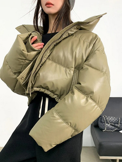 Jmprs American Biker Women Pu Puffy Coat Ziemas Retro apgriezti Parki Ikdienišķa Bieza Silta Sieviešu Garām Piedurknēm Brīvi Kokvilnas Dūnu Mēteļi