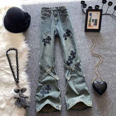 Blugi cu talie înaltă cu plasture încrucișate femei American Vintage Fashion Blugi cu picioare drepte în stil Harajuku Pantaloni largi cu picioare largi Pantaloni Y2k