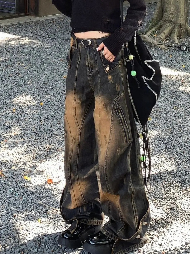 Američke retro isprane traperice za žene Modne High Street ravne hlače Hip Hop široke široke hlače za vruće djevojke