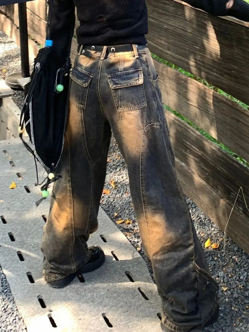 Američke retro isprane traperice za žene Modne High Street ravne hlače Hip Hop široke široke hlače za vruće djevojke