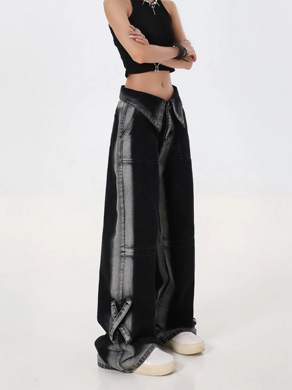 Naiste mustad gooti teksapüksid Y2k laia säärega püksid kõrge vöökohaga Korea mood punk gooti teksapüksid kottis vintage teksad suvine