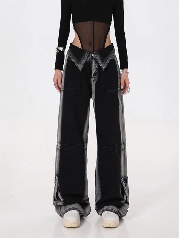 Naiste mustad gooti teksapüksid Y2k laia säärega püksid kõrge vöökohaga Korea mood punk gooti teksapüksid kottis vintage teksad suvine