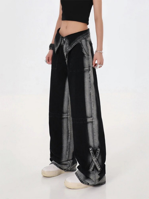 Naiste mustad gooti teksapüksid Y2k laia säärega püksid kõrge vöökohaga Korea mood punk gooti teksapüksid kottis vintage teksad suvine