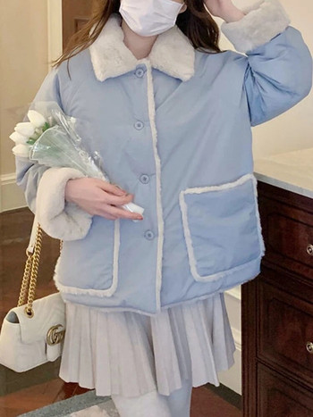 Χειμερινό Lambswool Parkas Γυναικεία Φόρεμα Παχύ Fleece Παλτό Γυναικεία Κορεάτικη Μόδα Χαριτωμένο Preppy Style Μονό τζάκετ