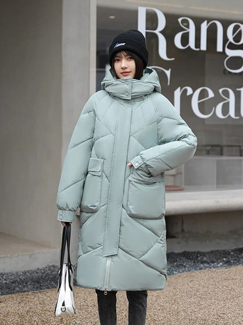 Vielleicht 2023 Snow Wear Νέο μονόχρωμο χειμερινό παλτό για γυναίκες πουπουλένιο μπουφάν Ζεστό casual φαρδύ χειμωνιάτικο γυναικείο μπουφάν με κουκούλα μακριά παρκά