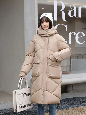 Vielleicht 2023 Snow Wear Νέο μονόχρωμο χειμερινό παλτό για γυναίκες πουπουλένιο μπουφάν Ζεστό casual φαρδύ χειμωνιάτικο γυναικείο μπουφάν με κουκούλα μακριά παρκά