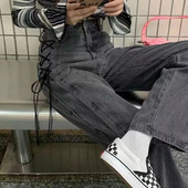 Korea gooti teksapüksid, naiste harajuku tänavarõivad, kõrge vöökohaga pitsilised sirged teksad, naiste Y2K lihtsad šikkad laiad püksid