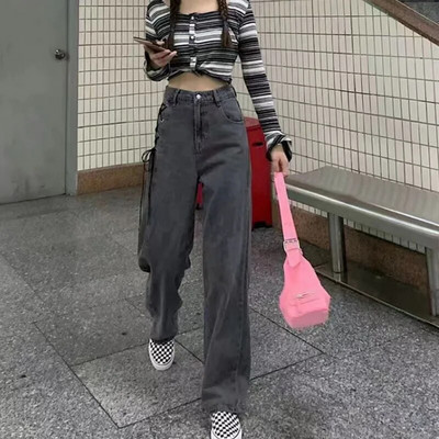 Korea gooti teksapüksid, naiste harajuku tänavarõivad, kõrge vöökohaga pitsilised sirged teksad, naiste Y2K lihtsad šikkad laiad püksid
