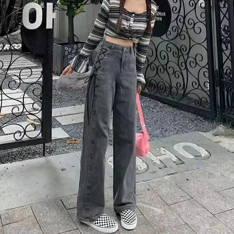 Korejske gotičke traper hlače Ženske Harajuku Streetwear Ravne traperice s visokim strukom Ženske Y2K jednostavne šik hlače širokih nogavica