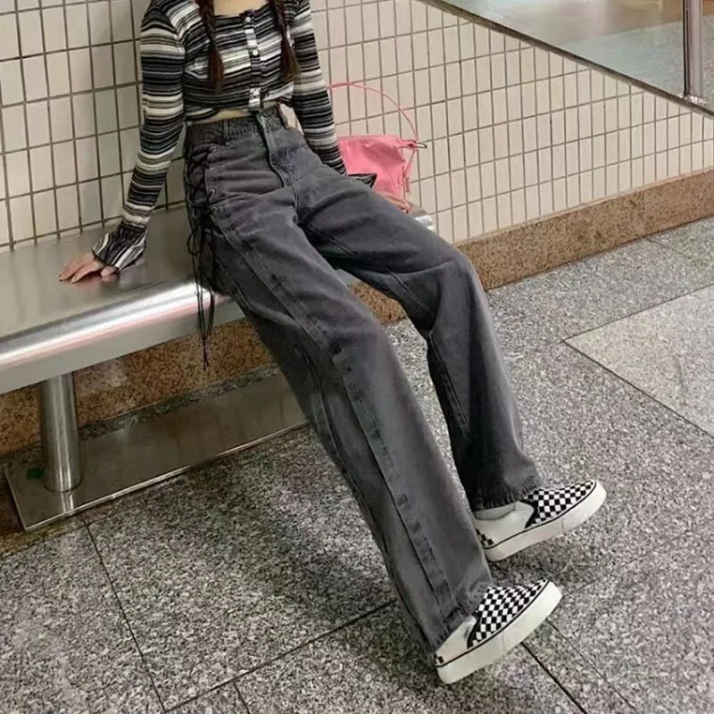 Korejske gotičke traper hlače Ženske Harajuku Streetwear Ravne traperice s visokim strukom Ženske Y2K jednostavne šik hlače širokih nogavica