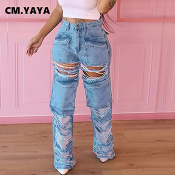 CM.YAYA Γυναικεία Fashion Ripped Hollow Out με φούντα μπροστινή τσέπη τζιν σε στυλ Safari 2023 New Summer INS Street Denim Παντελόνι