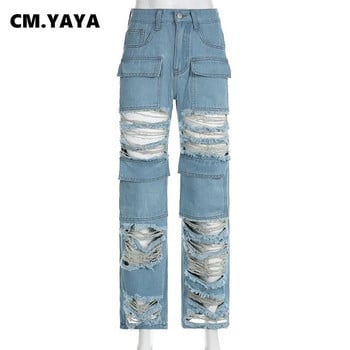 CM.YAYA Γυναικεία Fashion Ripped Hollow Out με φούντα μπροστινή τσέπη τζιν σε στυλ Safari 2023 New Summer INS Street Denim Παντελόνι