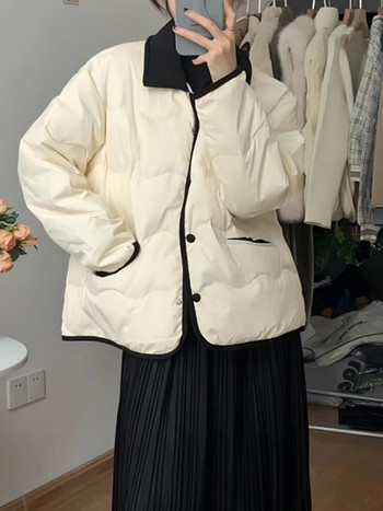 Бели пухени палта Дамско корейско модно ежедневно яке с памучна подплата Дамско есенно-зимно топли парки с дълги ръкави и обърната яка