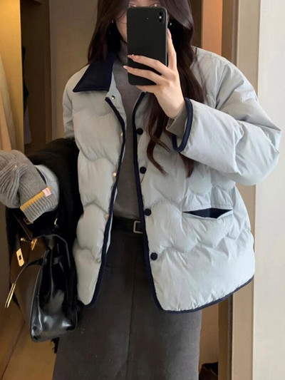 Balti pūkiniai paltai Moteriški Korėjietiška mada Laisvalaikio medvilninė striukė moteriška rudens žiema ilgomis rankovėmis aplenkta apykakle, šilta parkai