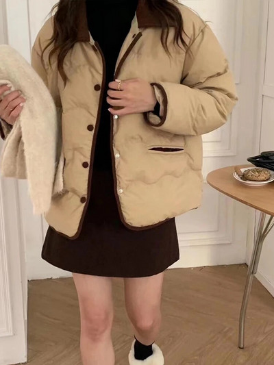 Balti pūkiniai paltai Moteriški Korėjietiška mada Laisvalaikio medvilninė striukė moteriška rudens žiema ilgomis rankovėmis aplenkta apykakle, šilta parkai