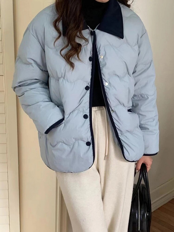 Balti pūkiniai paltai Moteriški Korėjietiška mada Laisvalaikio medvilninė striukė moteriška rudens žiema ilgomis rankovėmis aplenkta apykakle, šilta parkai