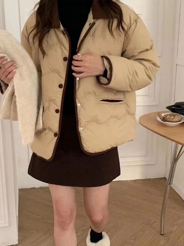 Balti pūkiniai paltai Moteriški Korėjietiška mada Laisvalaikio medvilninė striukė moteriška rudens žiema ilgomis rankovėmis aplenkta apykakle, šilta parkai