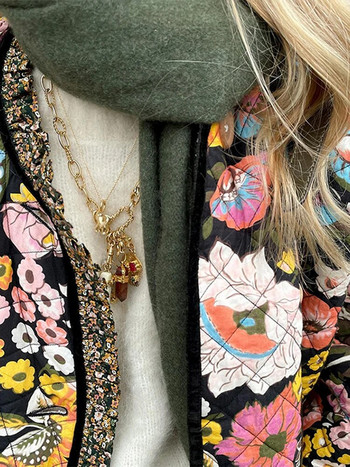Есенно палто с принт Дамско памучно елегантно яке с дълъг ръкав Свободно зимно ежедневно модно дамско улично облекло Дебели цветни паркове