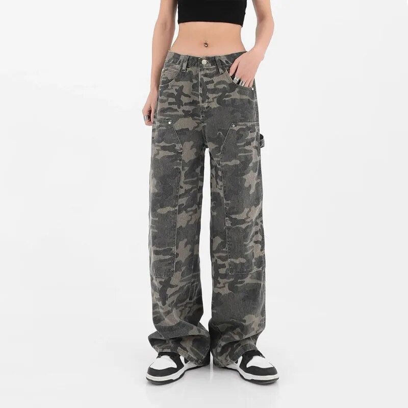 Harajuku Moteriški džinsai Gatvės apranga Madingos laisvos tiesios kelnės Armijos žalia kamufliažinė pavasario vasara hiphopo laisvalaikio kelnės 2023 m.