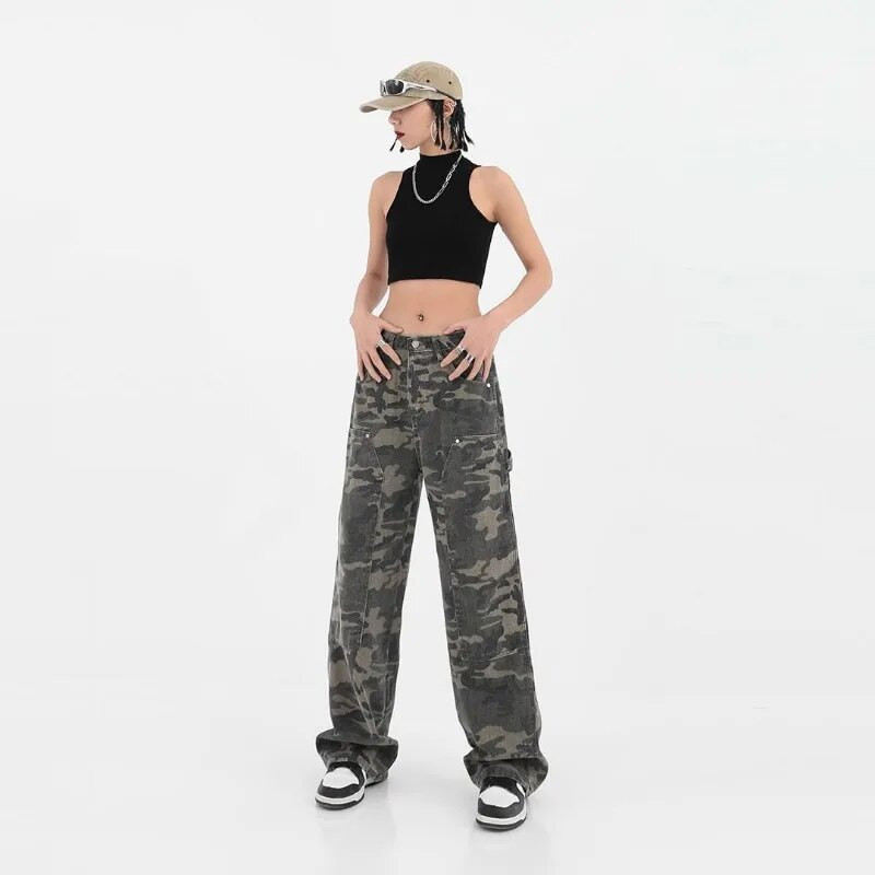 Harajuku Moteriški džinsai Gatvės apranga Madingos laisvos tiesios kelnės Armijos žalia kamufliažinė pavasario vasara hiphopo laisvalaikio kelnės 2023 m.