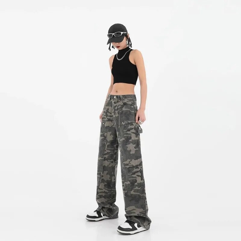 Harajuku Moteriški džinsai Gatvės apranga Madingos laisvos tiesios kelnės Armijos žalia kamufliažinė pavasario vasara hiphopo laisvalaikio kelnės 2023 m.
