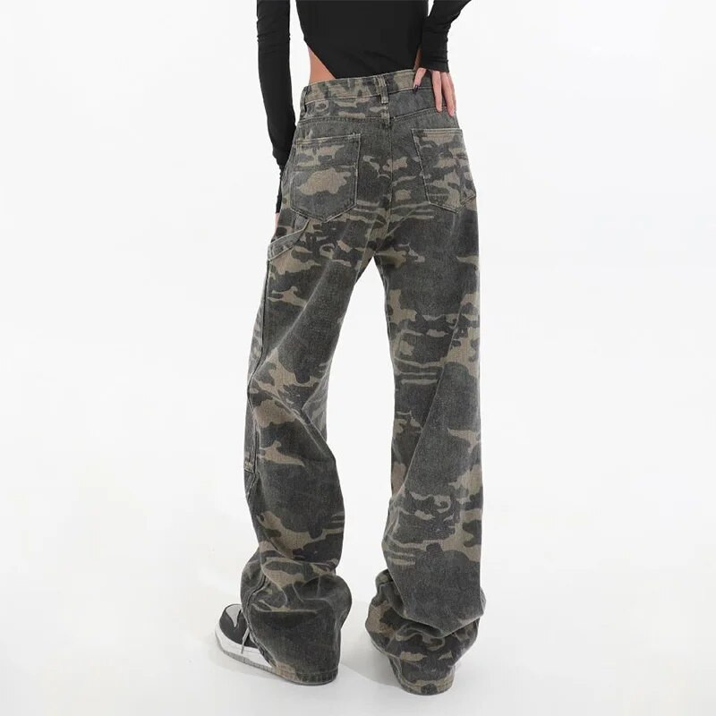 Harajuku Moteriški džinsai Gatvės apranga Madingos laisvos tiesios kelnės Armijos žalia kamufliažinė pavasario vasara hiphopo laisvalaikio kelnės 2023 m.
