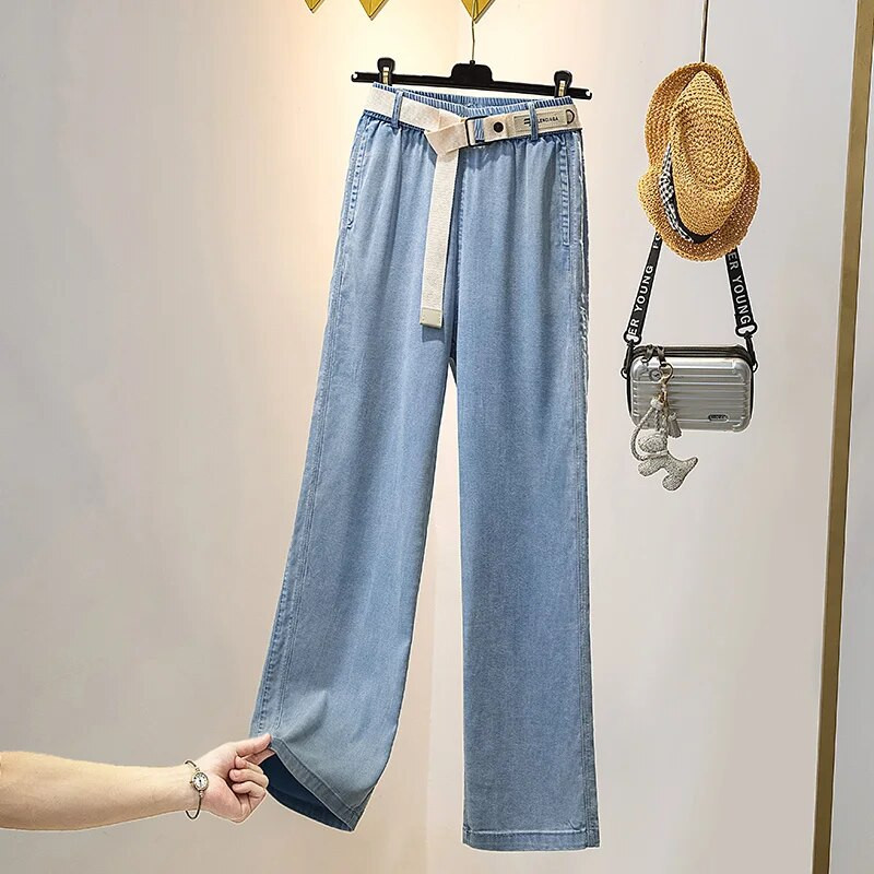 Chain Ice Silk Jeans Γυναικείο Απαλό ψηλόμεσο φαρδύ παντελόνι Femme Λεπτό χαλαρό ίσιο παντελόνι Cool τζιν παντελόνι Mujer καλοκαίρι