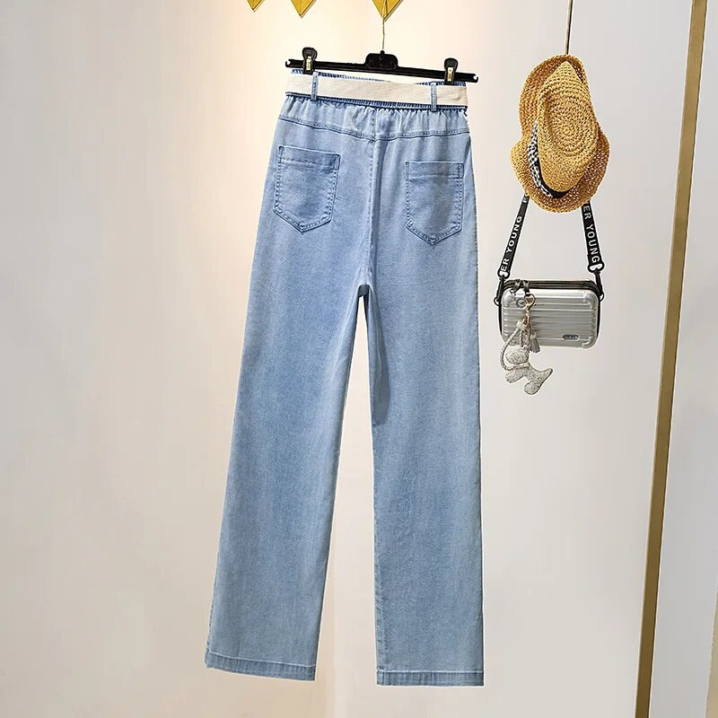 Chain Ice Silk Jeans Γυναικείο Απαλό ψηλόμεσο φαρδύ παντελόνι Femme Λεπτό χαλαρό ίσιο παντελόνι Cool τζιν παντελόνι Mujer καλοκαίρι