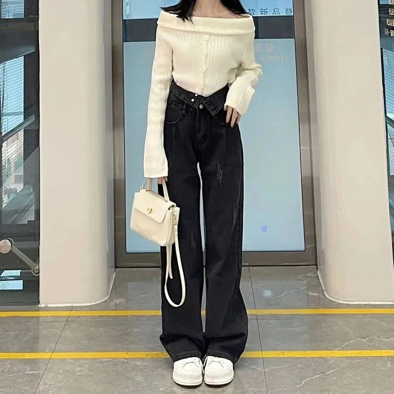 Lucyever kõrge vöökohaga laia säärega teksad naiste sügistalv must-hall 4 nööpi lahtised sirged püksid tänavarõivad teksapüksid naine