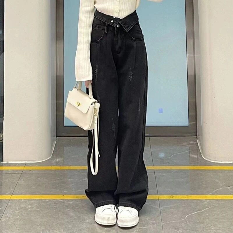 Lucyever kõrge vöökohaga laia säärega teksad naiste sügistalv must-hall 4 nööpi lahtised sirged püksid tänavarõivad teksapüksid naine