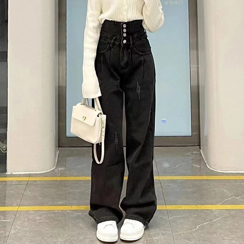 Lucyever kõrge vöökohaga laia säärega teksad naiste sügistalv must-hall 4 nööpi lahtised sirged püksid tänavarõivad teksapüksid naine