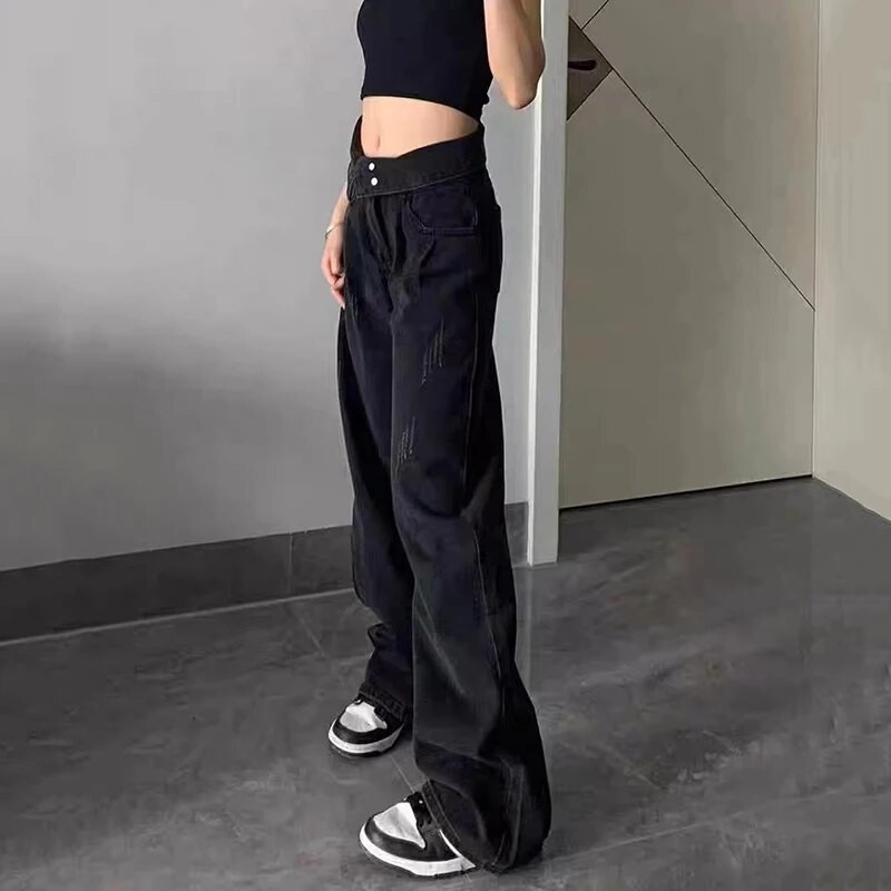 Lucyever kõrge vöökohaga laia säärega teksad naiste sügistalv must-hall 4 nööpi lahtised sirged püksid tänavarõivad teksapüksid naine