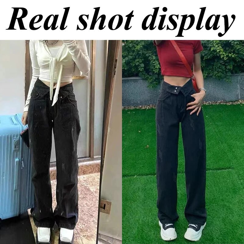 Lucyever kõrge vöökohaga laia säärega teksad naiste sügistalv must-hall 4 nööpi lahtised sirged püksid tänavarõivad teksapüksid naine