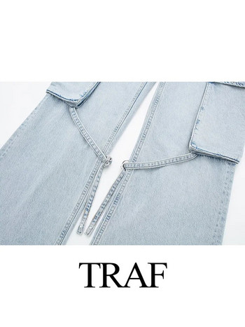 TRAF 2023 New Women Fashion Casual Lace up με φαρδύ πόδι φαρδύ τζιν Γυναικείο παντελόνι γραφείου με φαρδύ ίσιο παντελόνι