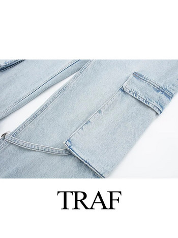 TRAF 2023 New Women Fashion Casual Lace up με φαρδύ πόδι φαρδύ τζιν Γυναικείο παντελόνι γραφείου με φαρδύ ίσιο παντελόνι