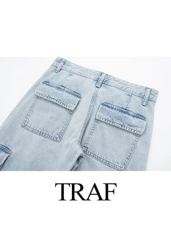 TRAF 2023 New Women Fashion Casual Lace up με φαρδύ πόδι φαρδύ τζιν Γυναικείο παντελόνι γραφείου με φαρδύ ίσιο παντελόνι