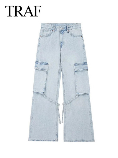 TRAF 2023, la modă pentru femei, ocazional cu dantelă, blugi largi, cu picioare largi, pantaloni drepti, pantaloni de birou pentru femeie, cu buzunar