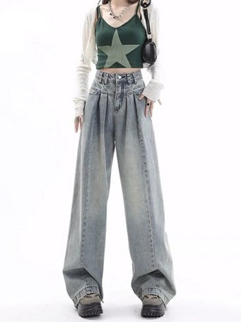 HOUZHOU Hippie Blue Baggy Jeans Γυναικεία Y2K Gyaru Παντελόνι με φαρδύ πόδι τζιν παντελόνι κορεατικού στυλ Kpop ταλαιπωρημένο παντελόνι Harajuku