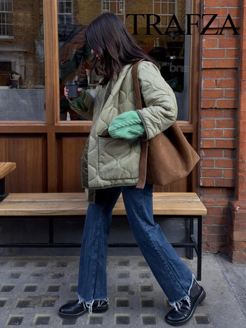 TRAFZA Φθινοπωρινά νέα πανωφόρια γυναικεία μονόχρωμα υπερμεγέθη καπιτονέ μπουφάν Γυναικεία τσέπες με μονό στήθος Ζεστά παλτό μόδας Πάρκα