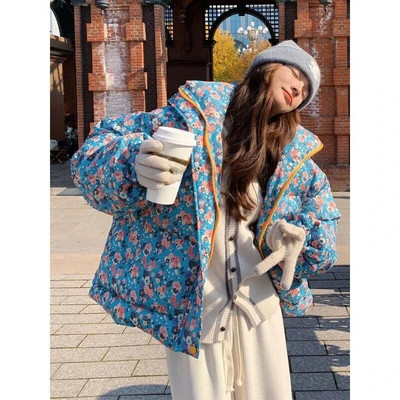 Lilletrükis Vintage Parkas Naiste talv 2023 Uus saabumine Paksud soojad ülerõivad Mantlid Naiste vaba vabaaja jakid