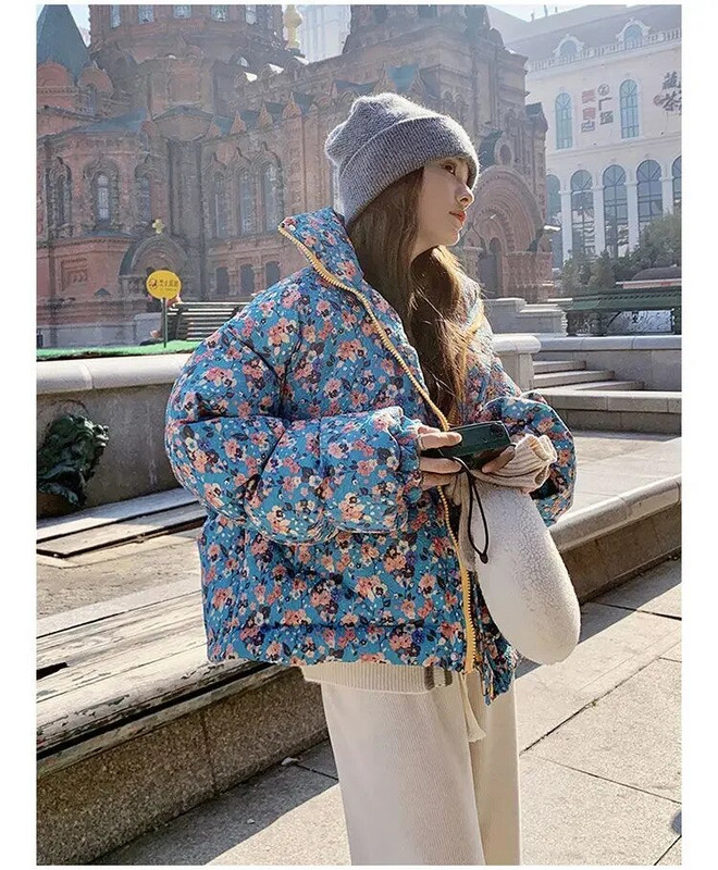 Lilletrükis Vintage Parkas Naiste talv 2023 Uus saabumine Paksud soojad ülerõivad Mantlid Naiste vaba vabaaja jakid